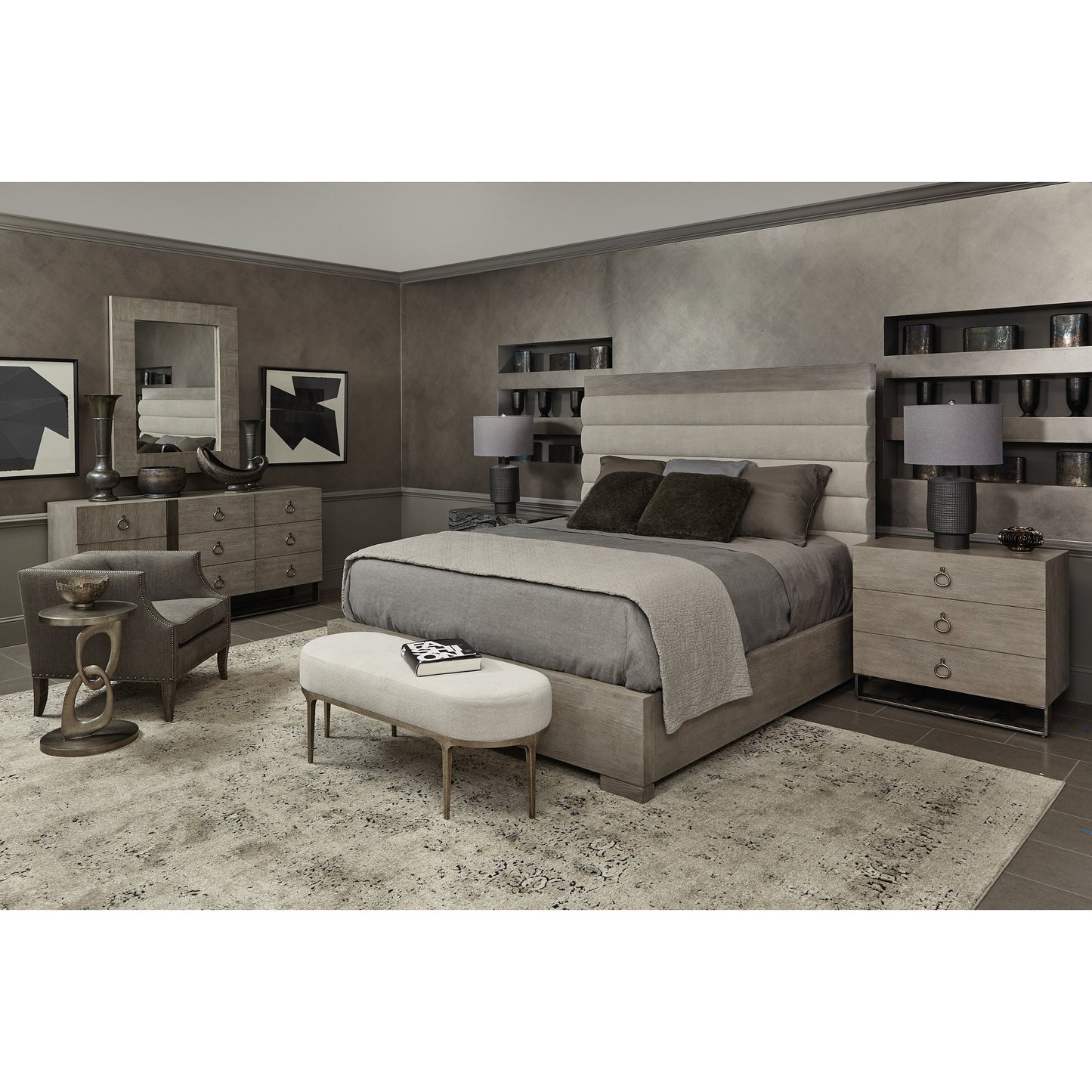 009 SI-1711418,SI-1711419 | Lifestyle | Linea Upholstered Channel Bed by Bernhardt in cerused greige. Made from white oak veneers, fabric in a unique style.