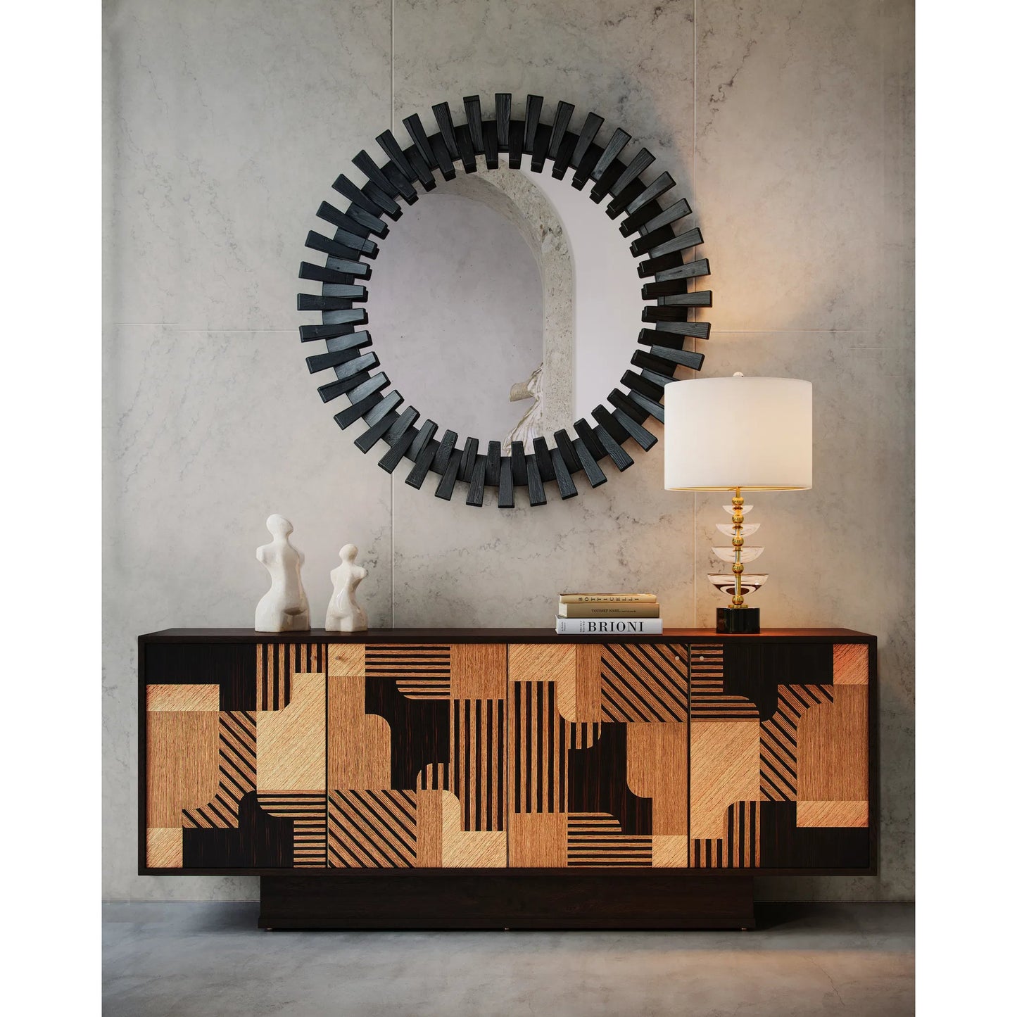 005 SI-2134121 | Lifestyle | Waterfall Table Lamp by Currey and Company in clear, natural, brass. Made from optic crystal, marble, metal in a modern style.