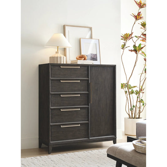 Quincy 5-Drawer Door Chest by Pulaski Furniture in molasses. Made from ash wood veneers in a transitional style.