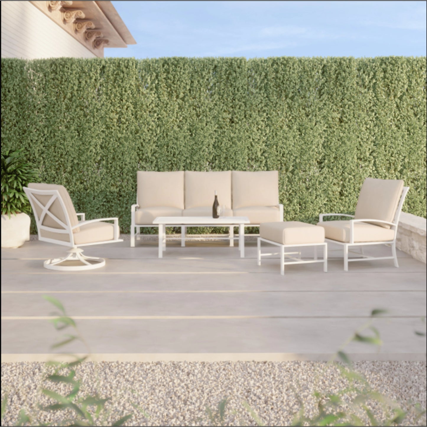 004 SI-2167200 | Lifestyle | Bristol Outdoor Coffee Table by Sunset West in white. Made from aluminum in a modern style.
