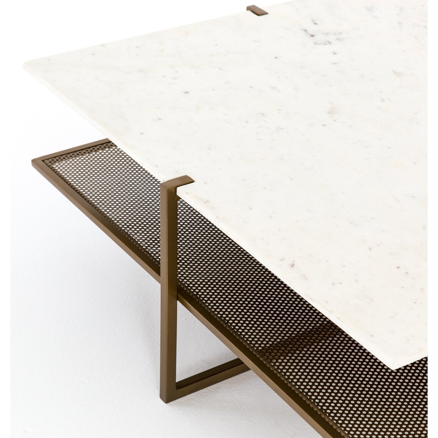 005 SI-1716308 | Additional Silo | Olivia Square Coffee Table by Four Hands in antique brass, polished white marble and antique brass. Made from solid marble, iron, engineered hardwood in a modern style.