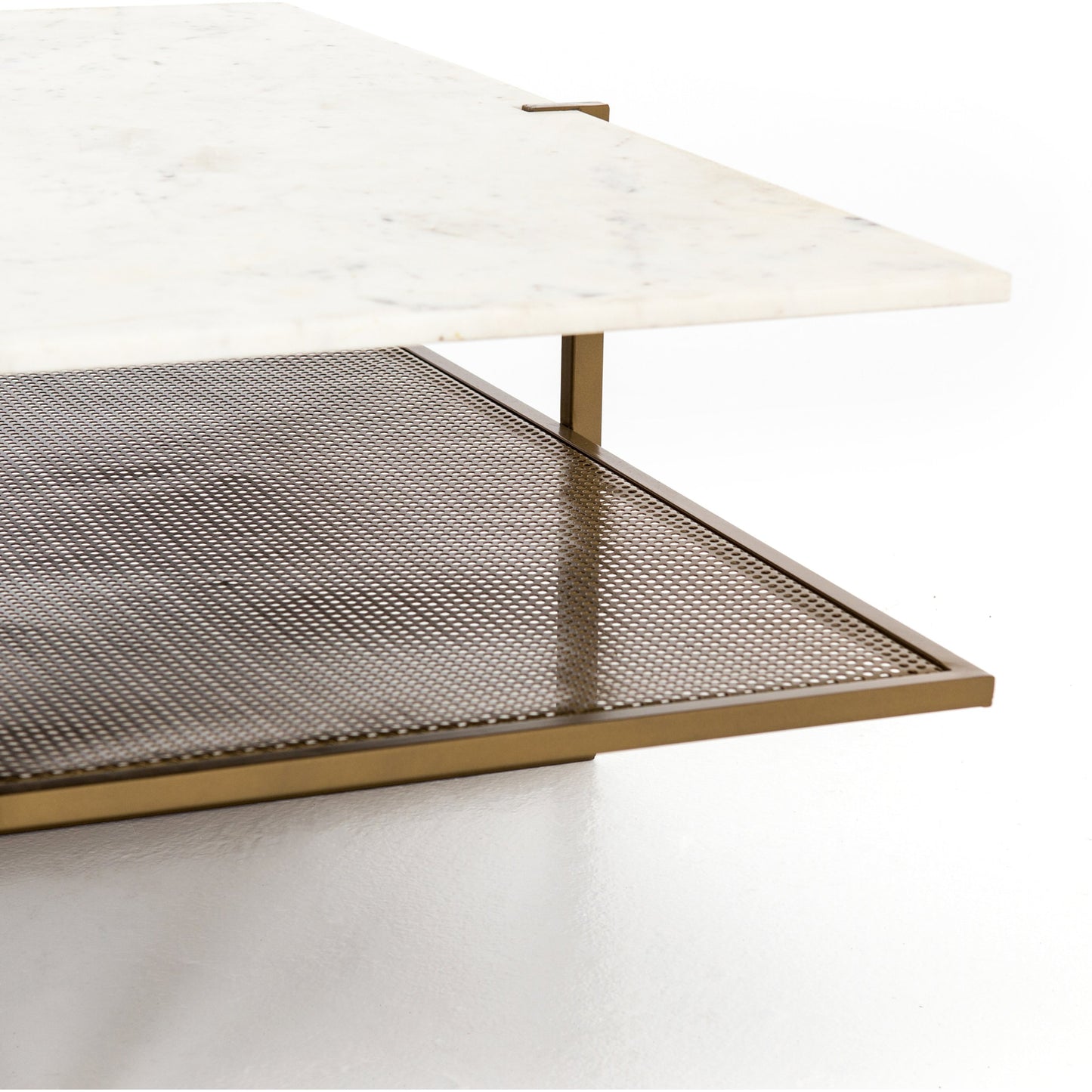 007 SI-1716308 | Additional Silo | Olivia Square Coffee Table by Four Hands in antique brass, polished white marble and antique brass. Made from solid marble, iron, engineered hardwood in a modern style.