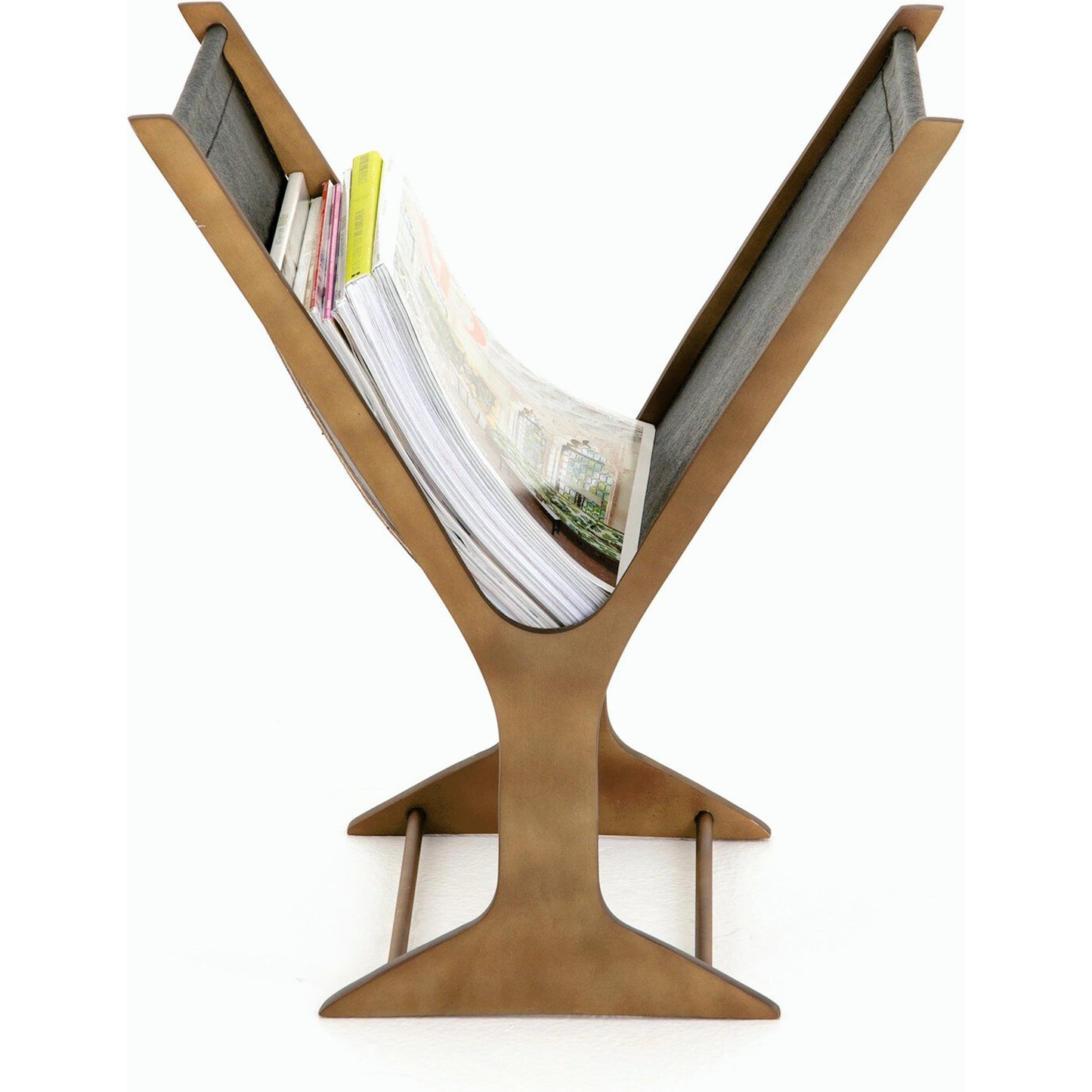 011 SI-1715255 | Closeup | Feldman Magazine Rack by Four Hands in rustic brass, perforated black. Made from aluminum, faux leather in a cottage & farmhouse style.