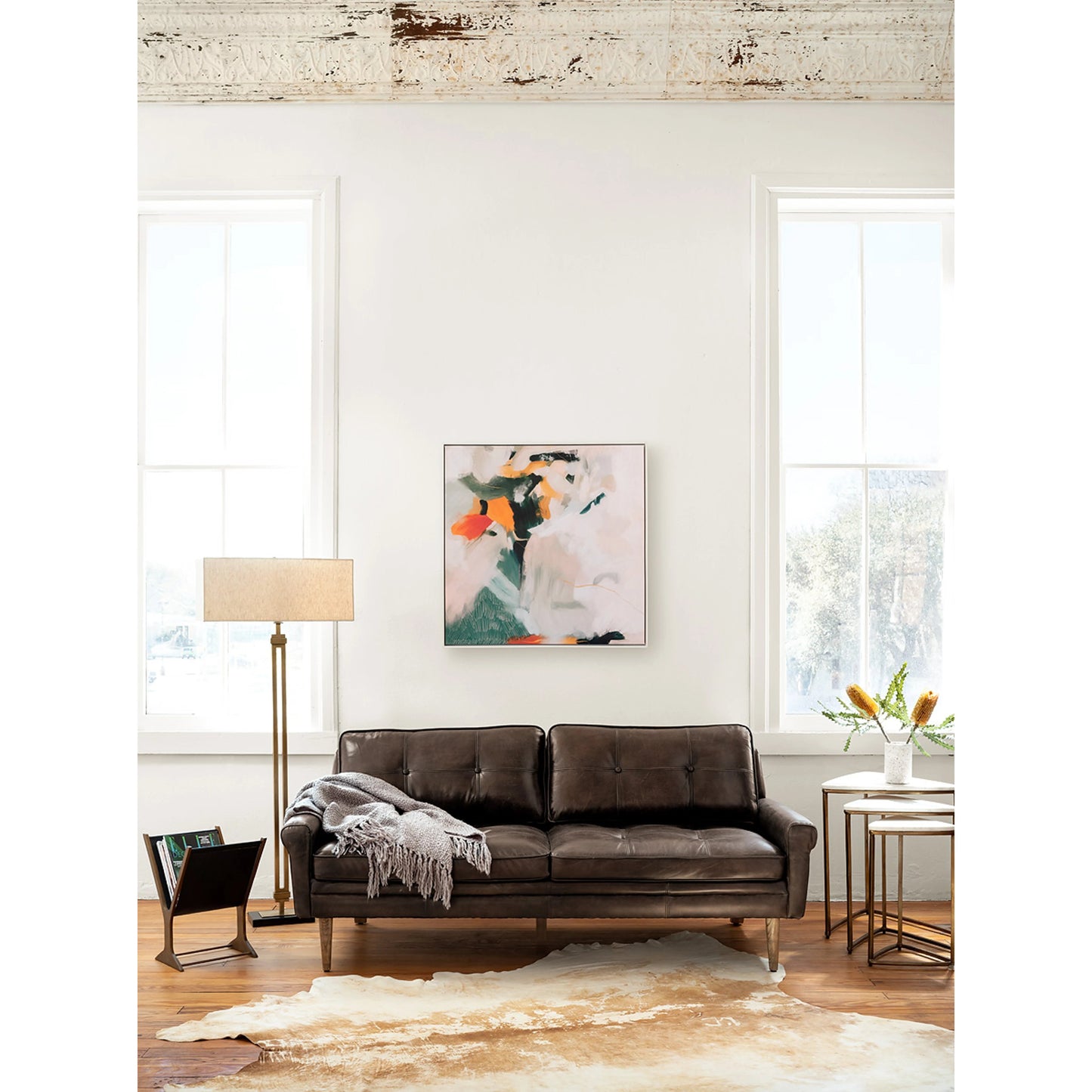 013 SI-1715255 | Lifestyle | Feldman Magazine Rack by Four Hands in rustic brass, perforated black. Made from aluminum, faux leather in a cottage & farmhouse style.