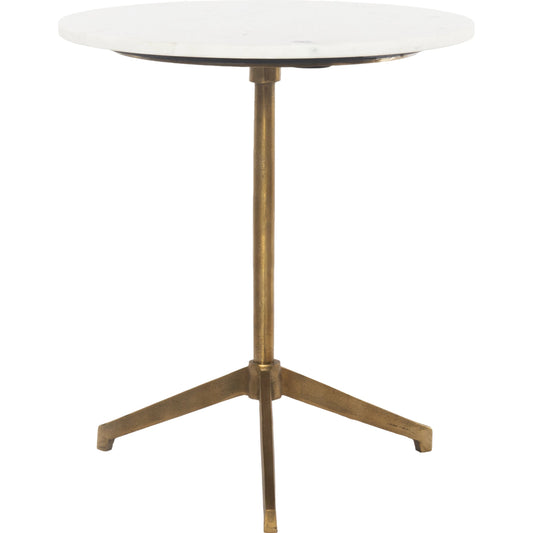 Helen End Table by Four Hands in raw brass, polished white marble. Made from solid marble, aluminum in a modern style.