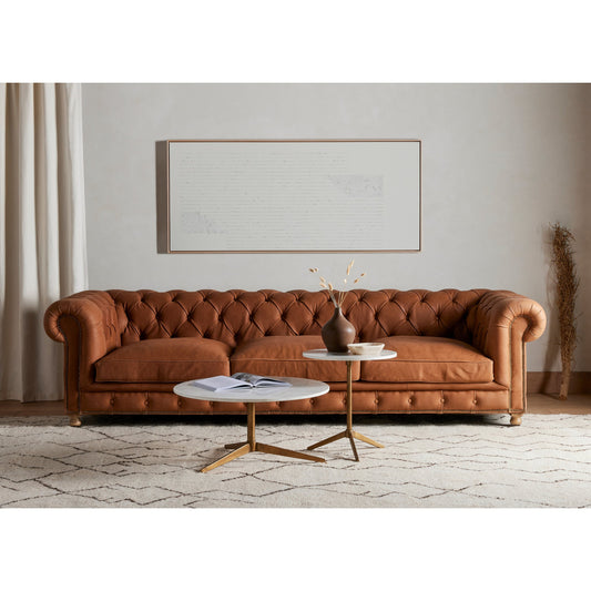 Helen End Table by Four Hands in raw brass, polished white marble. Made from solid marble, aluminum in a modern style.