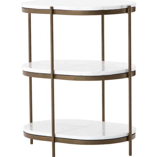 001 SI-1715263 | Primary Silo | Felix Oval Nightstand by Four Hands in antique brass, polished white marble. Made from iron, solid marble in a modern style.