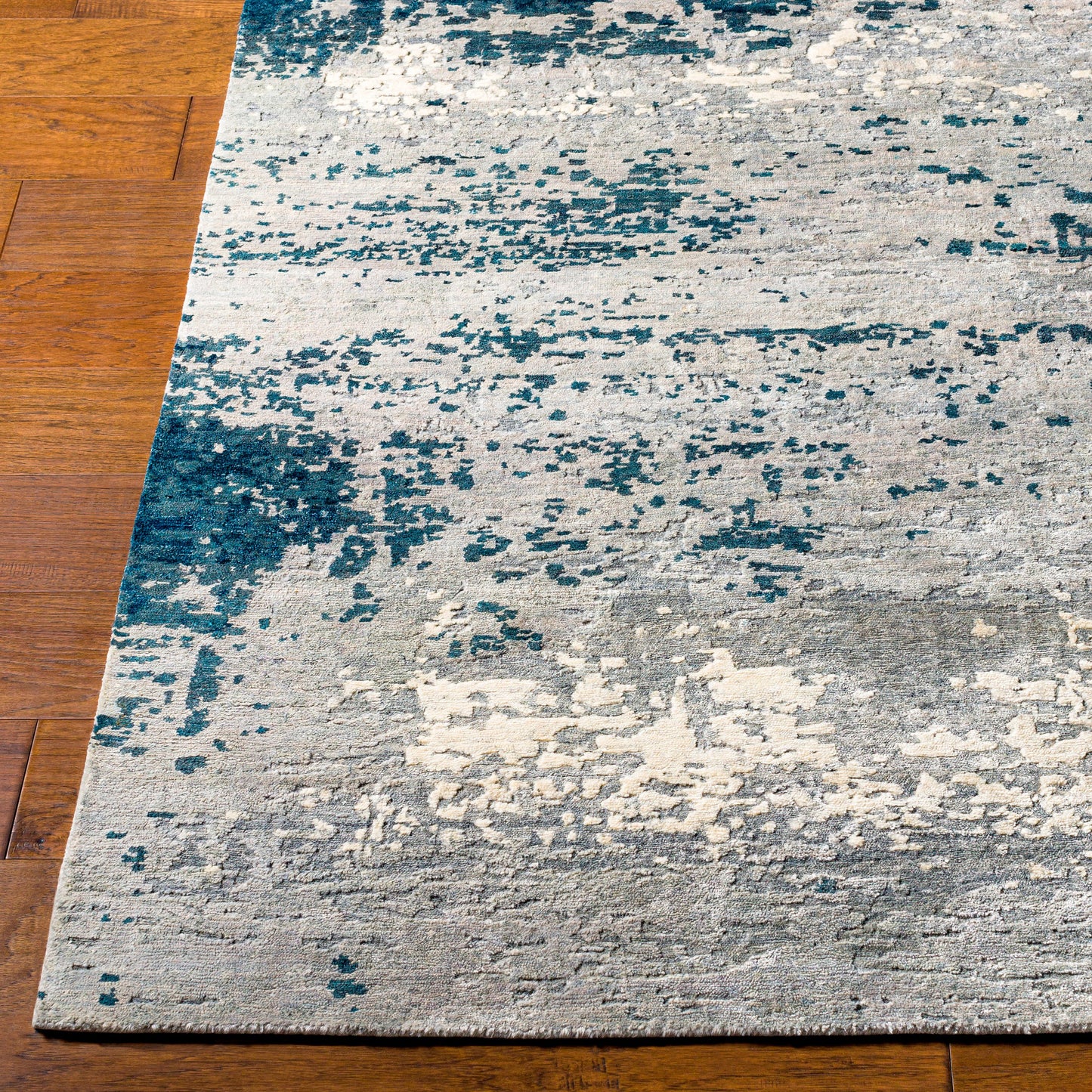 006 SR-882693,SR-882694,SR-882695 | Closeup | Imola Rug - 26077 by Surya in light beige, gray, light gray, dark blue, teal, charcoal. Made from 90% viscose, 10% nz wool in a unique style.