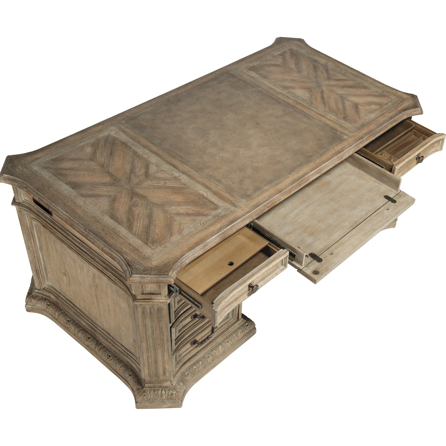 004 SI-1748574 | Additional Silo | Castella Executive Desk by Hooker Furniture in antique slate. Made from pecan, quartered hickory, quartered black walnut, quartered ash, maple veneers with leather in a traditional style.
