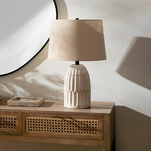Sines Table Lamp by Surya in white, translucent, metallic nickel and painted, polished. Made from shade (outside): linen, shade (inside): polyester, body: resin, finial: metal, harp: iron in a modern style.