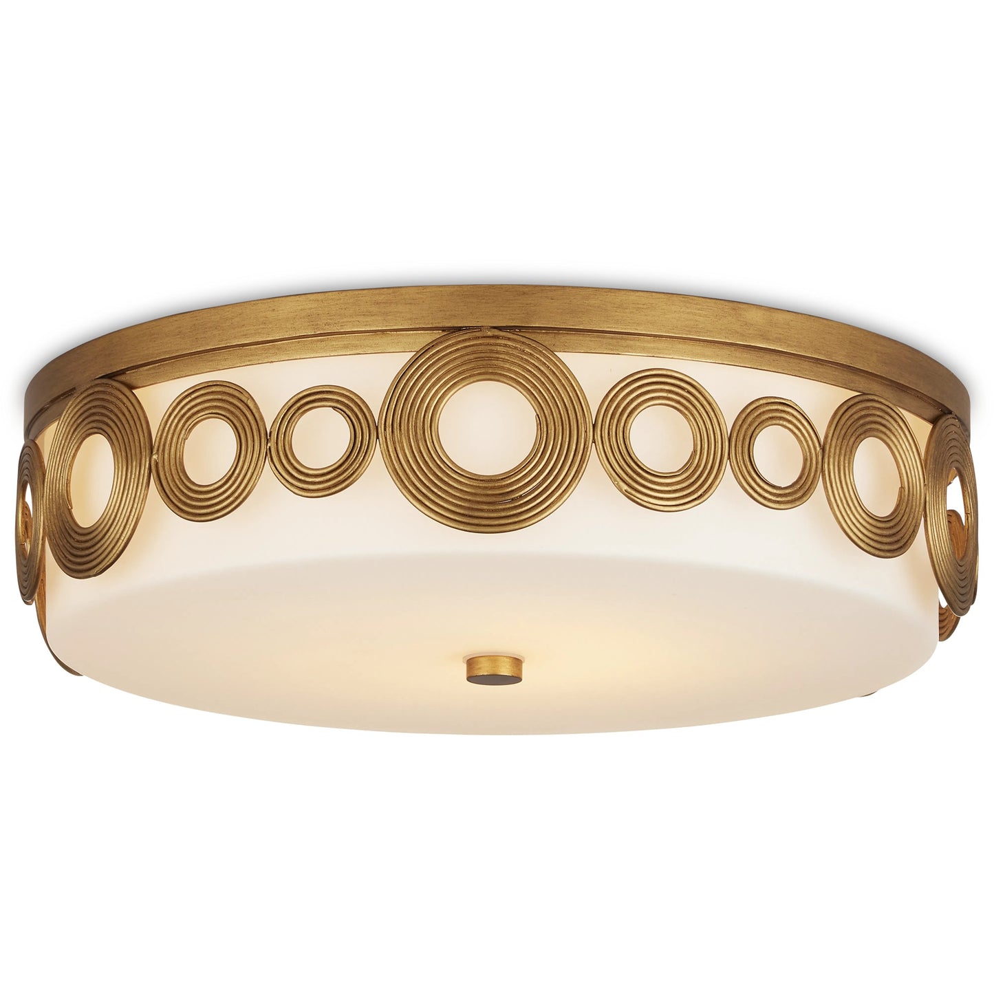 001 SI-2191730 | Primary Silo | Gyges Flush Mount by Currey and Company in brass, opaque white. Made from wrought iron, glass in a modern style.