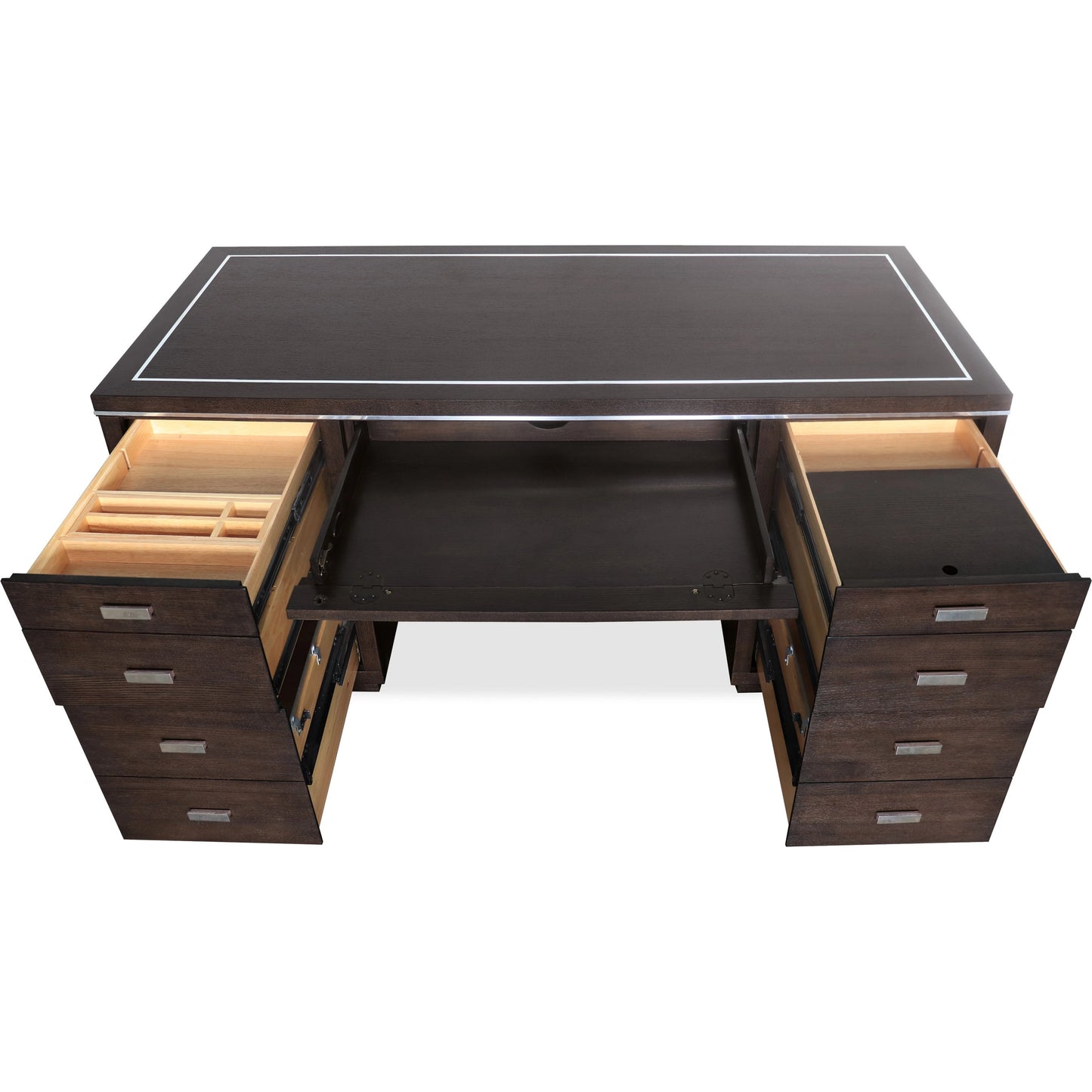004 SI-1748974 | Additional Silo | House Blend Junior Executive Desk by Hooker Furniture in dark roast. Made from quartered ash veneers, metal in a unique style.