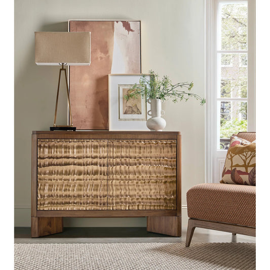 Eleana Two Door Chest by Hooker Furniture in light caramel, quartered walnut veneers, sunlit bronze metal. Made from walnut veneers, resin in a modern style.
