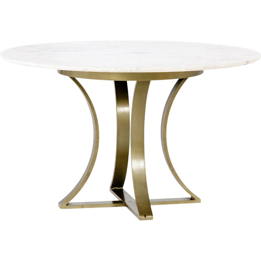 Gage Dining Table by Four Hands in polished white marble, cast brass. Made from solid marble, iron, solid acacia in a transitional style.