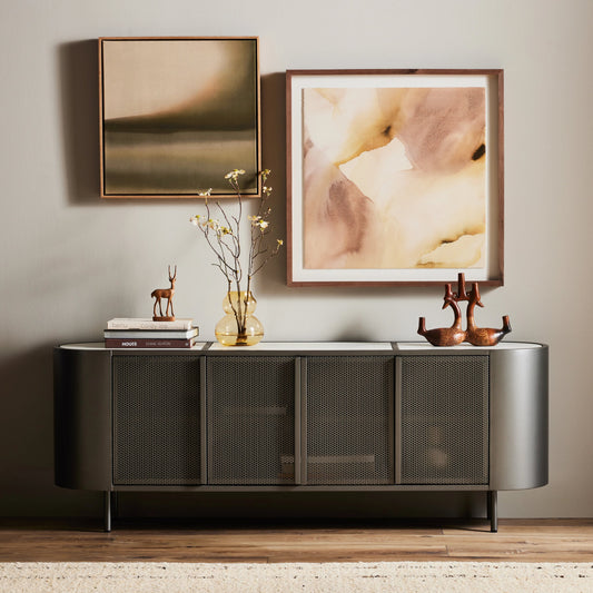 Libby Media Console by Four Hands in gunmetal, perforated gunmetal, polished white marble. Made from iron in a modern style.