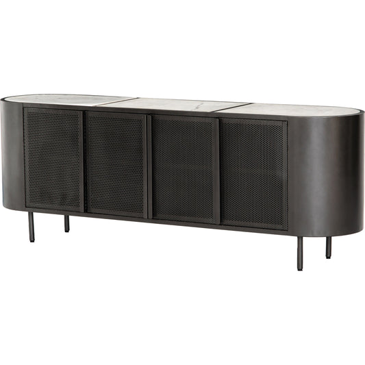 Libby Media Console by Four Hands in gunmetal, perforated gunmetal, polished white marble. Made from iron in a modern style.