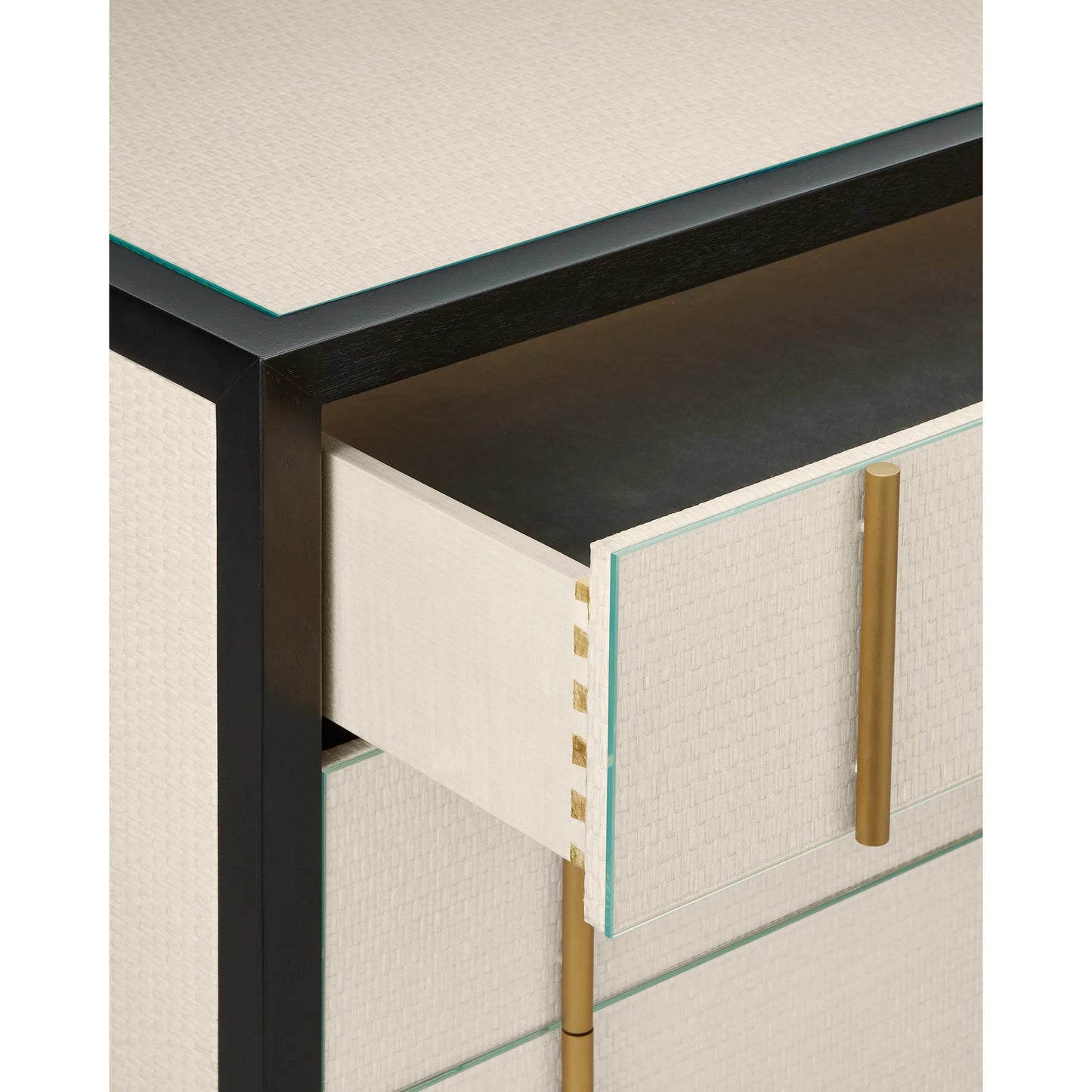 007 SI-2191701 | Additional Silo | Deanna Raffia Nightstand by Currey and Company in ivory, black, brushed brass, natural, dusty blue, clear. Made from raffia, okume veneer, stainless steel, sycamore veneer, tempered glass in a modern style.