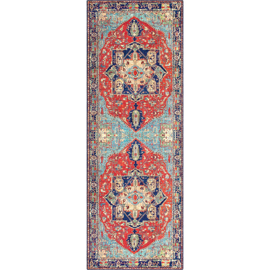 Iris Rug by Livabliss in red, burnt orange, dark blue, ink blue, pale blue, green. Made from 100% polyester in a traditional style.