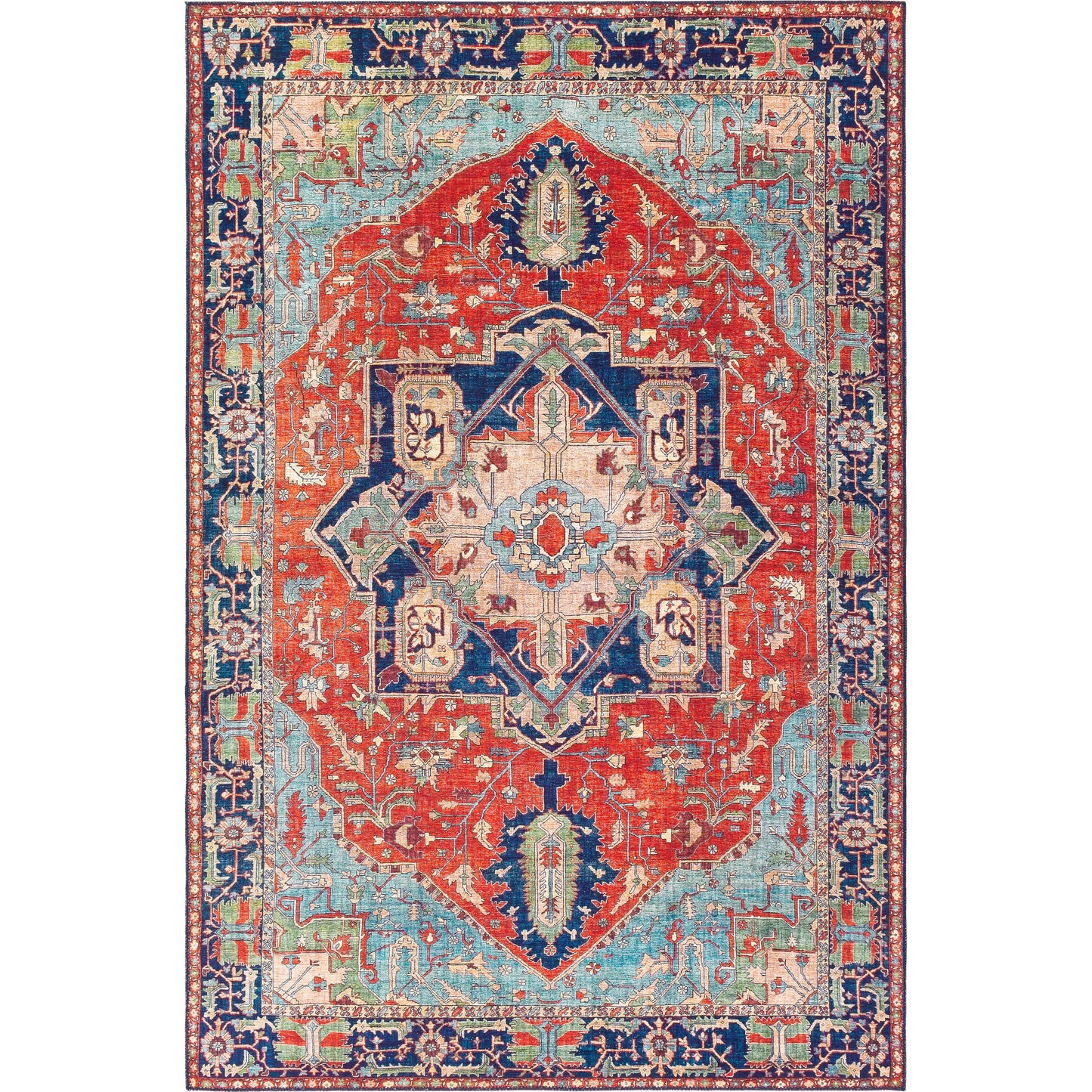 001 SR-756250,SR-756251,SR-756252,SR-756254 | Additional Silo | Iris Rug by Livabliss in red, burnt orange, dark blue, ink blue, pale blue, green. Made from 100% polyester in a traditional style.