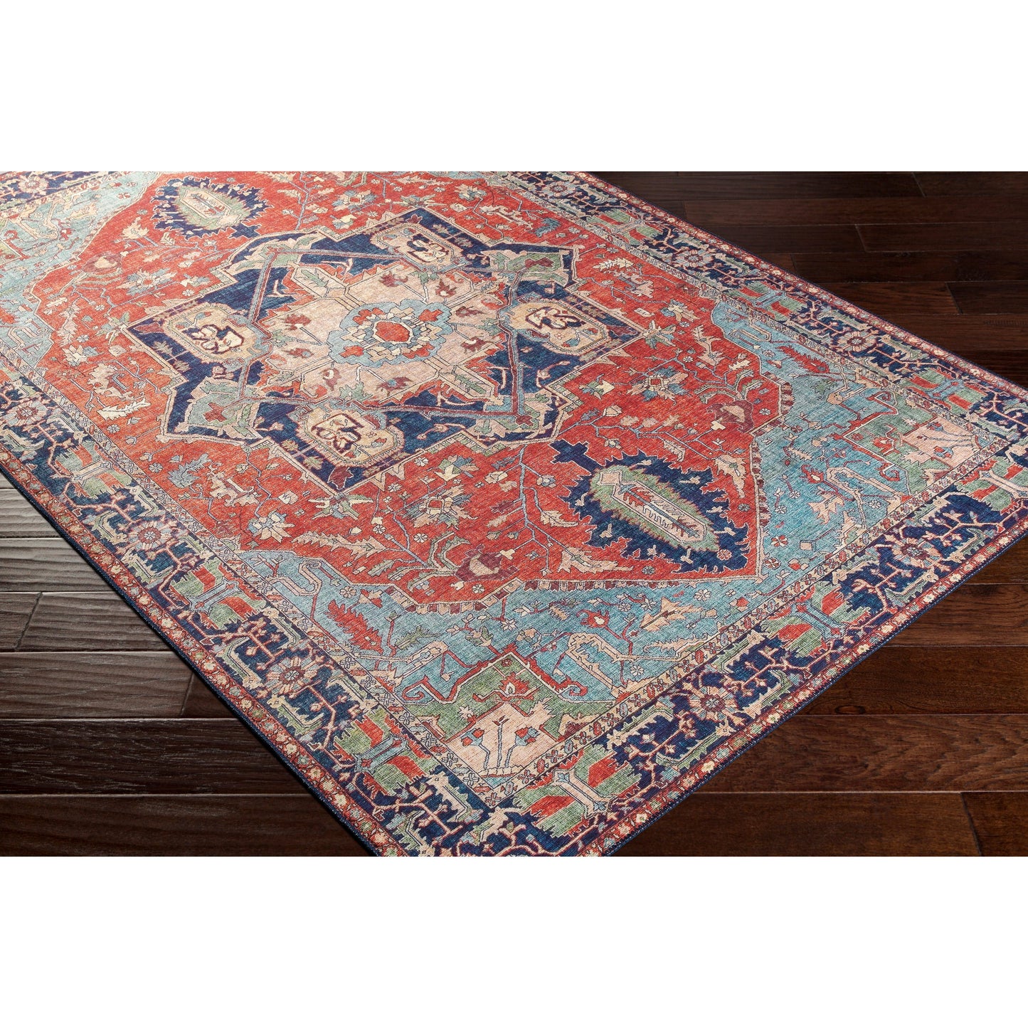 010 SI-1852790,SR-756250,SR-756251,SR-756252,SR-756253,SR-756254 | Closeup | Iris Rug by Livabliss in red, burnt orange, dark blue, ink blue, pale blue, green. Made from 100% polyester in a traditional style.