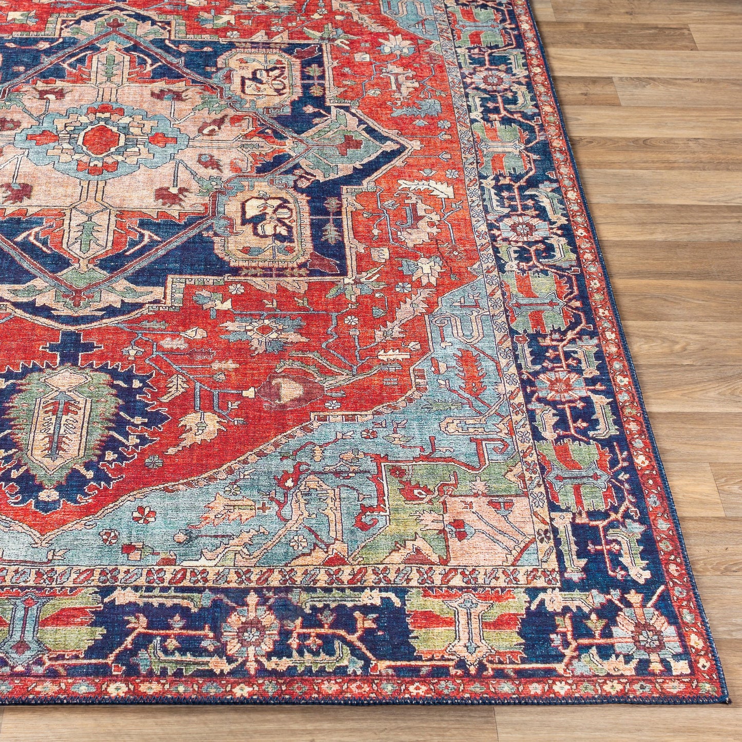 005 SI-1852790,SR-756250,SR-756251,SR-756252,SR-756253,SR-756254 | Additional Silo | Iris Rug by Livabliss in red, burnt orange, dark blue, ink blue, pale blue, green. Made from 100% polyester in a traditional style.