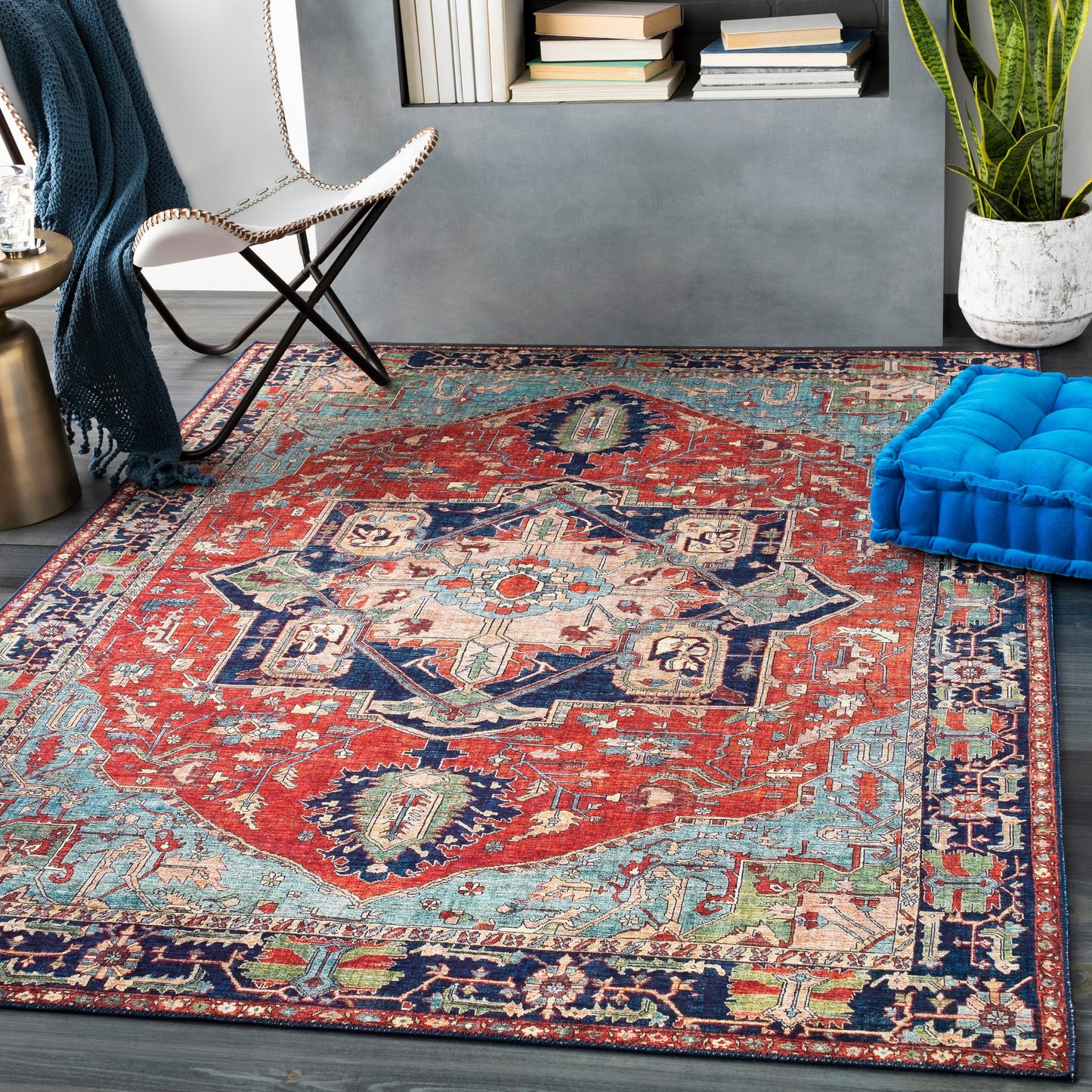 011 SR-756250,SR-756251,SR-756252,SR-756253,SR-756254 | Lifestyle | Iris Rug by Livabliss in red, burnt orange, dark blue, ink blue, pale blue, green. Made from 100% polyester in a traditional style.