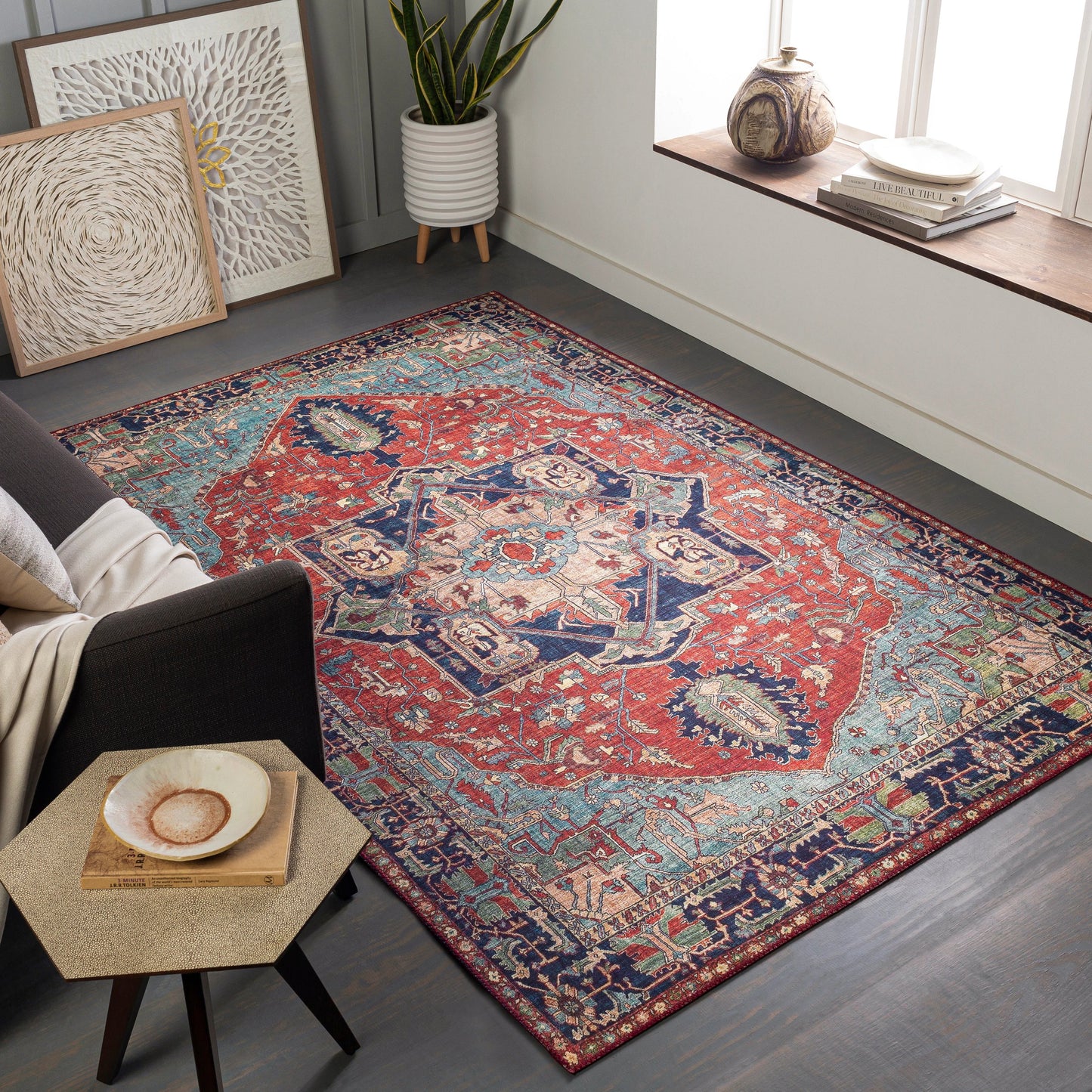 014 SR-756250,SR-756251,SR-756252,SR-756253,SR-756254 | Lifestyle | Iris Rug by Livabliss in red, burnt orange, dark blue, ink blue, pale blue, green. Made from 100% polyester in a traditional style.
