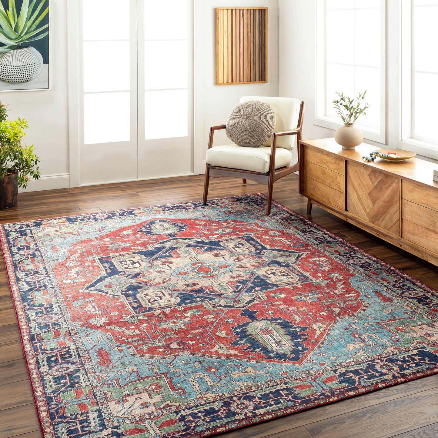 013 SI-1852790,SR-756250,SR-756251,SR-756252,SR-756253,SR-756254 | Lifestyle | Iris Rug by Livabliss in red, burnt orange, dark blue, ink blue, pale blue, green. Made from 100% polyester in a traditional style.