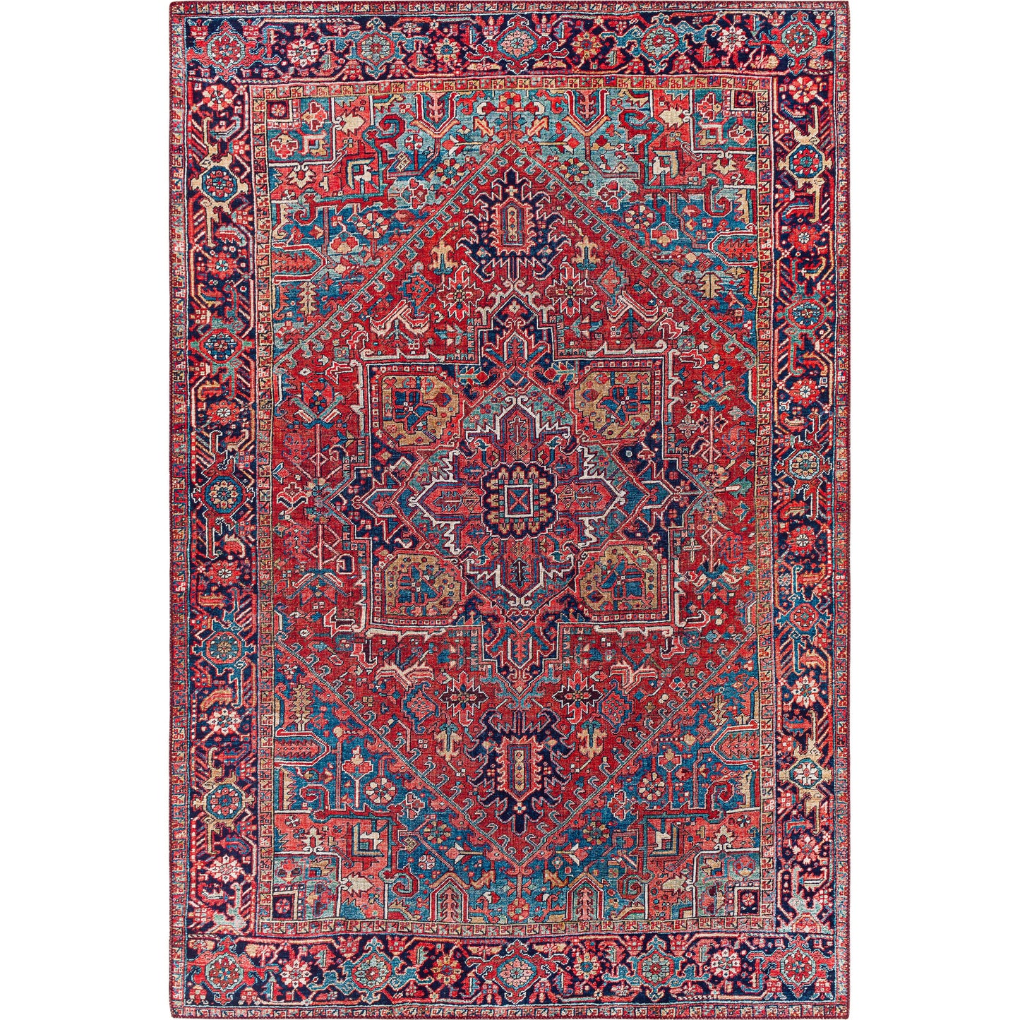 001 SI-1713844,SI-1713846,SI-1713847,SI-1713849 | Additional Silo | Iris Rug by Livabliss in dark blue, red, tan, teal, cream. Made from 100% polyester in a traditional style.