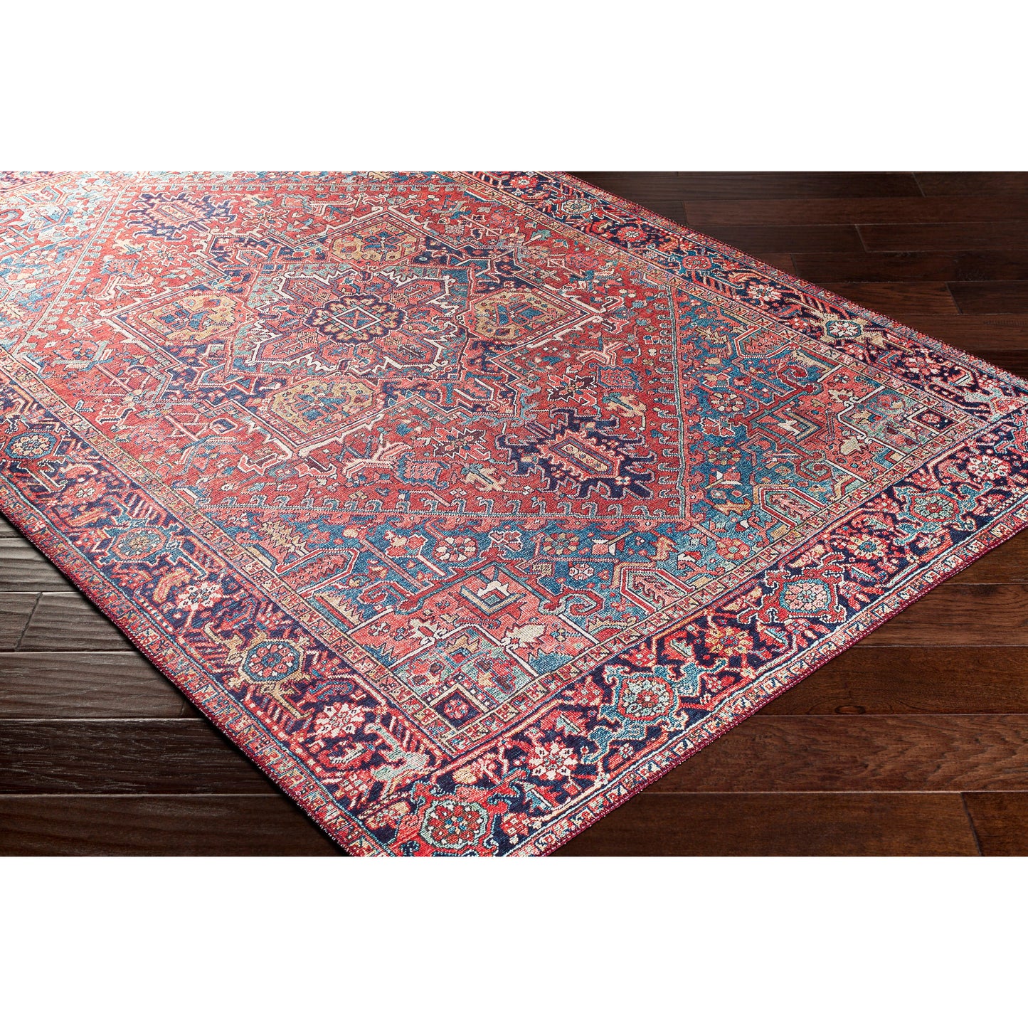 008 SI-1713844,SI-1713845,SI-1713846,SI-1713847,SI-1713848,SI-1713849 | Closeup | Iris Rug by Livabliss in dark blue, red, tan, teal, cream. Made from 100% polyester in a traditional style.