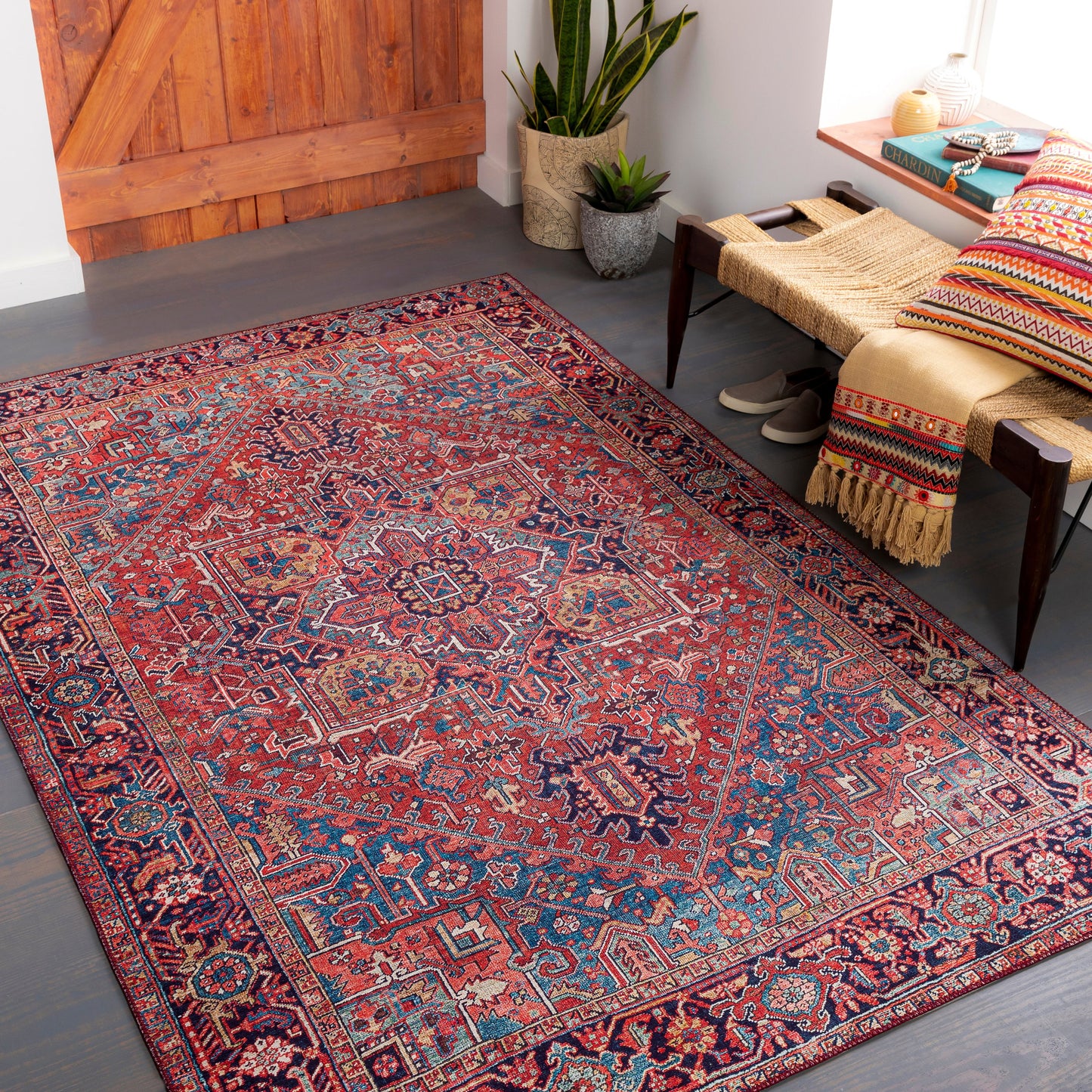 009 SI-1713844,SI-1713846,SI-1713847,SI-1713848,SI-1713849 | Lifestyle | Iris Rug by Livabliss in dark blue, red, tan, teal, cream. Made from 100% polyester in a traditional style.