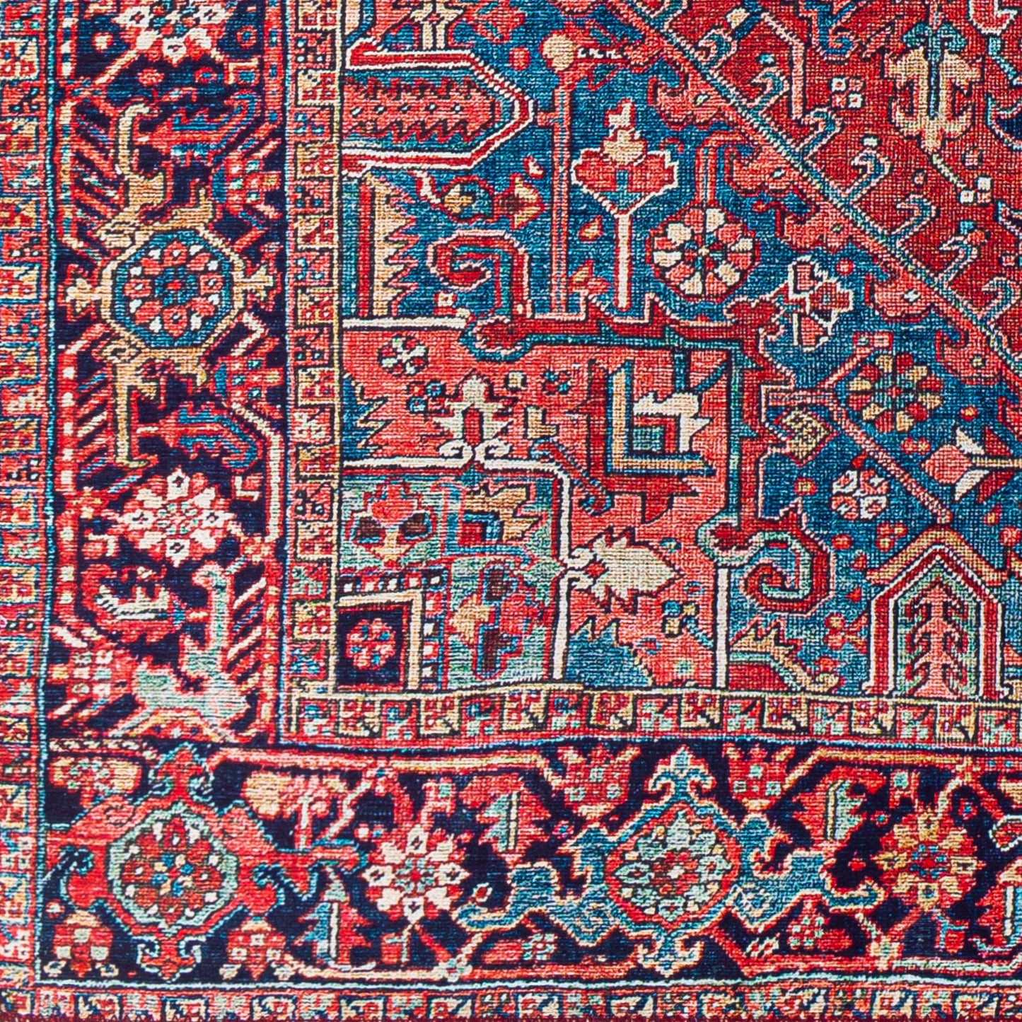 006 SI-1713844,SI-1713845,SI-1713846,SI-1713847,SI-1713848,SI-1713849 | Additional Silo | Iris Rug by Livabliss in dark blue, red, tan, teal, cream. Made from 100% polyester in a traditional style.