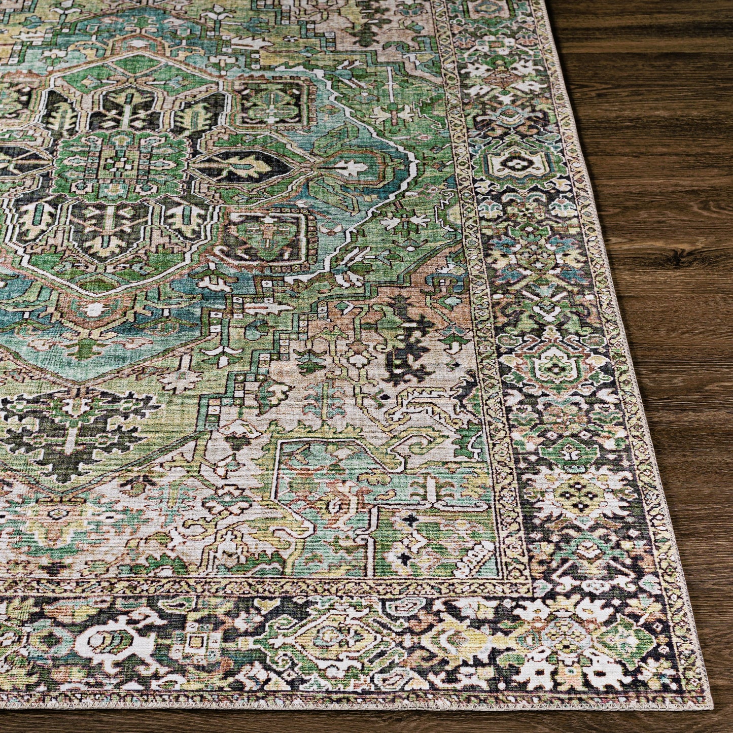 004 SI-2167376 | Closeup | Iris Rug - 19334 by Livabliss in medium green, dark blue, charcoal, light olive, sage, light beige. Made from polyester in a unique style.