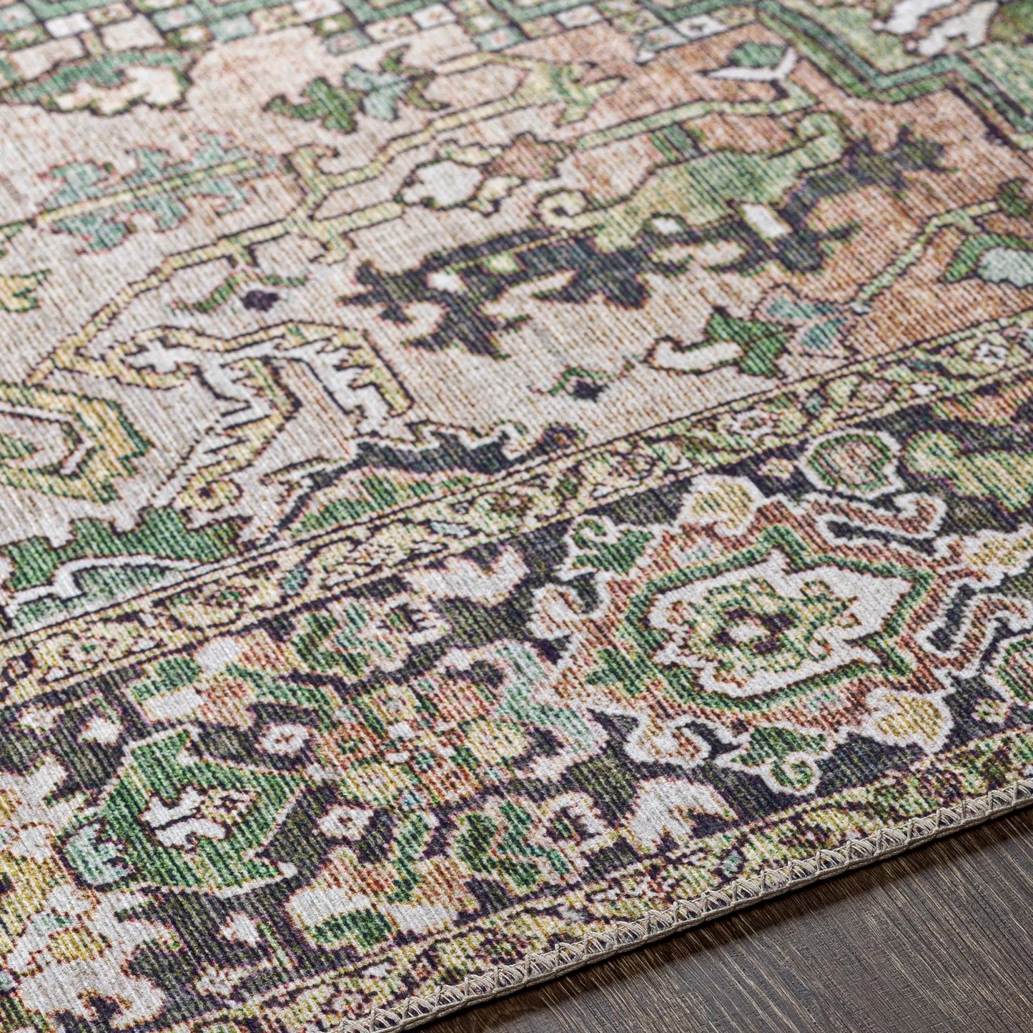 006 SI-2167376 | Closeup | Iris Rug - 19334 by Livabliss in medium green, dark blue, charcoal, light olive, sage, light beige. Made from polyester in a unique style.