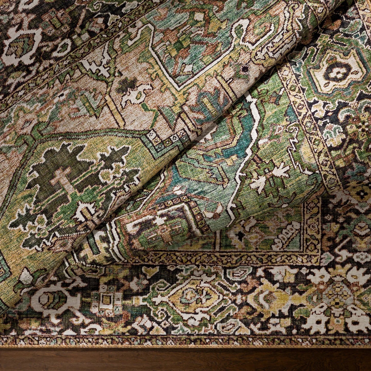007 SI-2167376 | Closeup | Iris Rug - 19334 by Livabliss in medium green, dark blue, charcoal, light olive, sage, light beige. Made from polyester in a unique style.