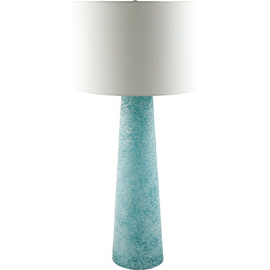 Isolde - 531316 by Surya in blue, white, translucent, metallic nickel and painted, electroplated. Made from body: glass, shade (outside): linen, shade (inside): metal, finial: metal in a modern style.