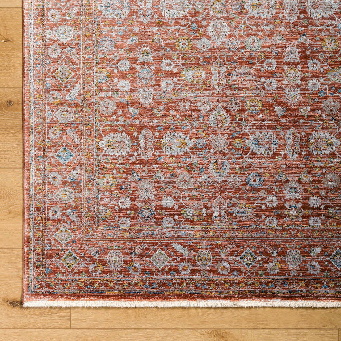 005 SI-1923086,SI-1923087 | Closeup | Isfahan Rug by Surya in rust, gray, black, tan, olive, amber. Made from main: 73% viscose, main: 20% polyester, main: 7% acrylic in a traditional style.