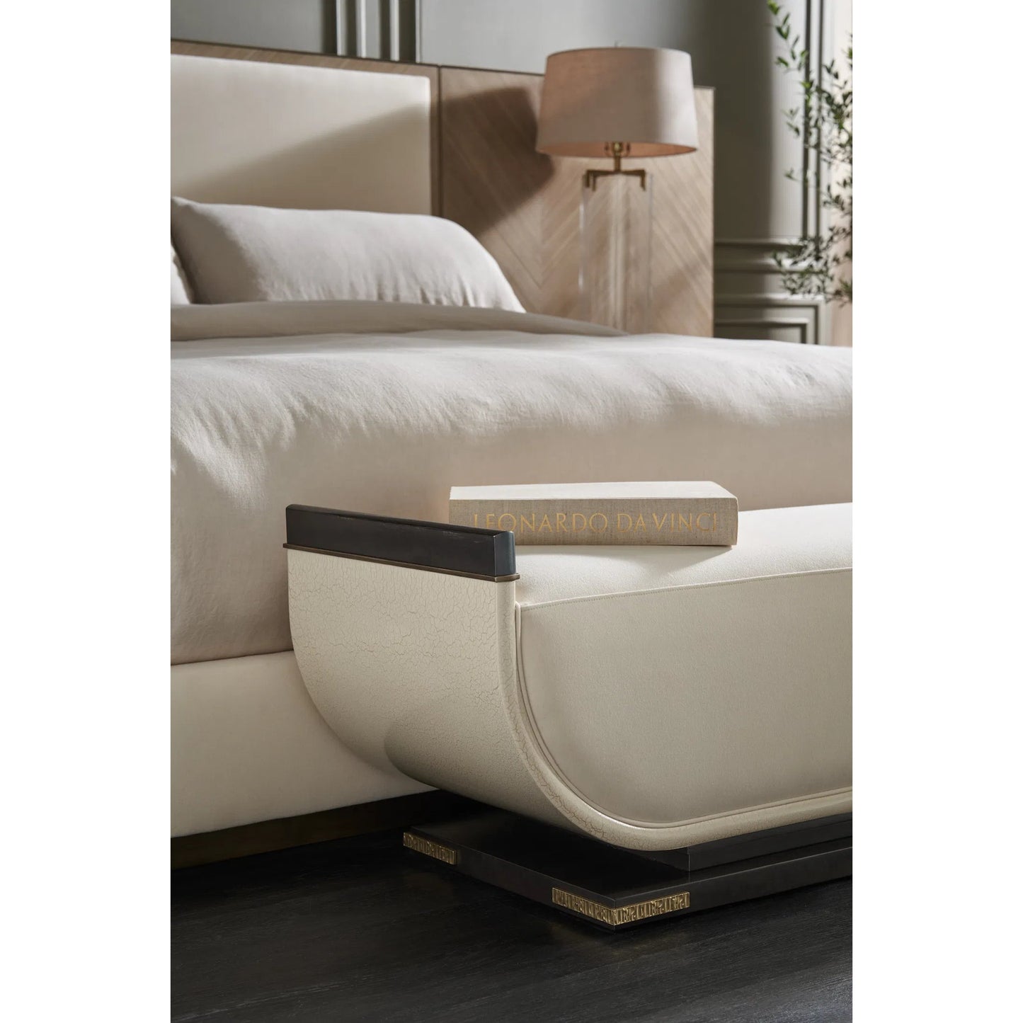 006 SI-2162872 | Lifestyle | Crete End of Bed Bench by Caracole in ivory, gold and charred bark, brushed gold paint, ivory craze. Made from poplar, dyed makore in a unique style.