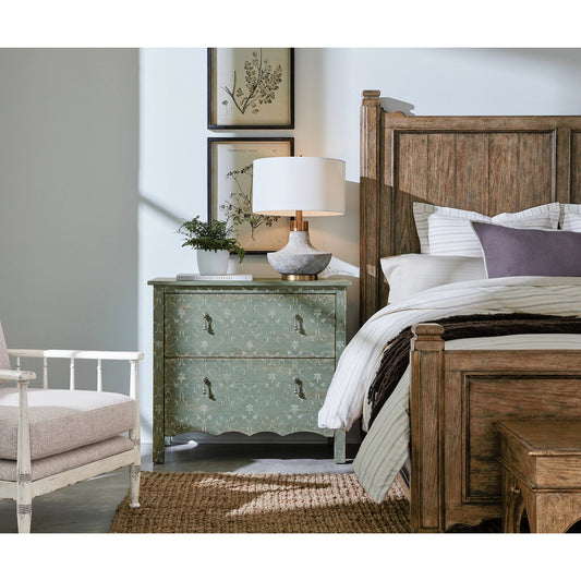 Americana Two-Drawer Accent Chest by Hooker Furniture in green and antique green finish. Made from oak veneers in a cottage & farmhouse style.