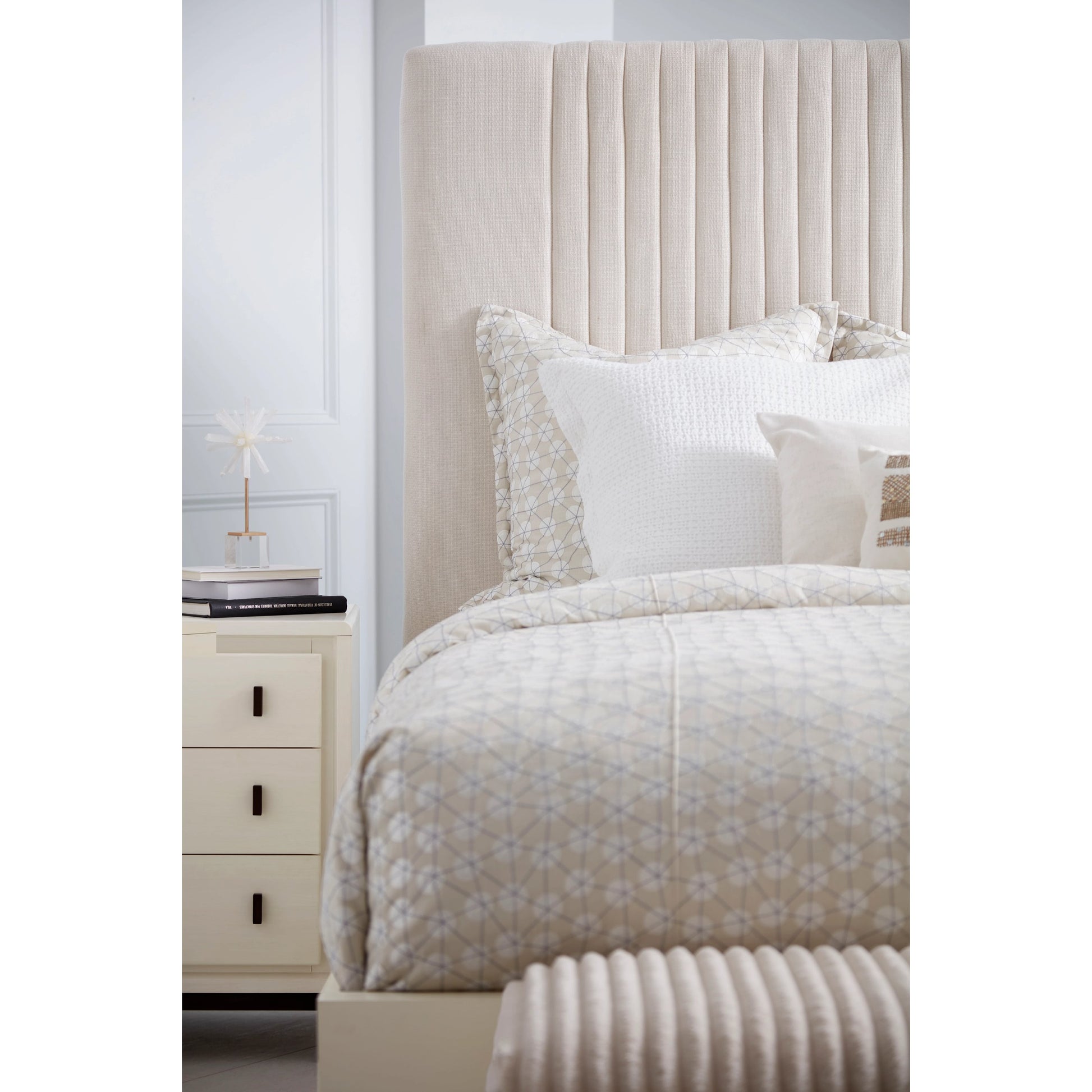 Blanc Upholstered Panel Bed by A.R.T. Furniture in alabaster. Made from parawood solids, maple veneers, foam, fabric in a modern style.
