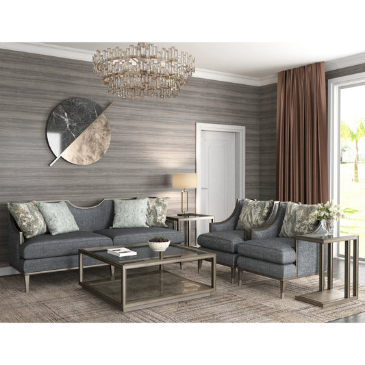 Cove Square End Table by A.R.T. Furniture in grey and mica. Made from rubberwood solids, primavera veneer, glass, cork in a traditional style.