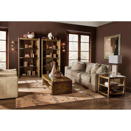 Melange Romano Etagere by Hooker Furniture in medium wood and golden brown, oak veneers, bronze metal. Made from oak solids, oak veneers, metal, glass in a unique style.