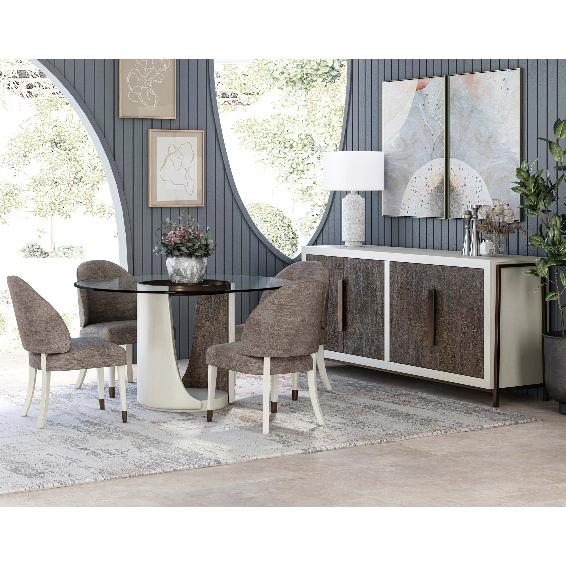 Blanc Hostess Chair (Set of 2) by A.R.T. Furniture in alabaster, burnished bronze. Made from parawood solids, foam, fabric, metal in a modern style.