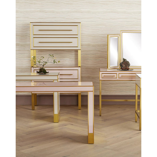 Arden Chest by Currey and Company in ivory, satin brass. Made from reverse painted glass, brass, solid hardwood, faux suede in a traditional style.