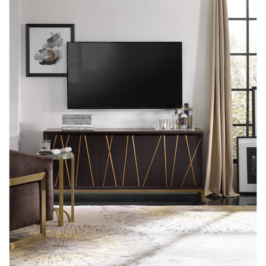 Entertainment Console by Hooker Furniture in black. Made from mango solids, metal in a modern style.