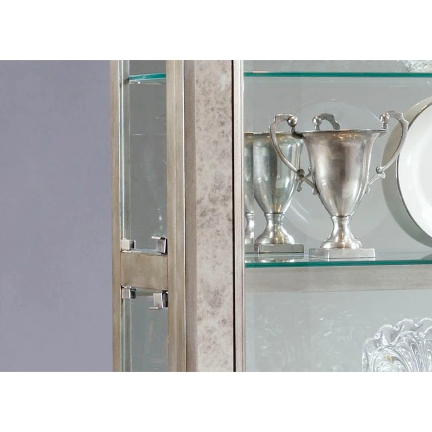 005 SI-2155641 | Closeup | Side Entry Curio by Pulaski Furniture in platinum. Made from select hardwoods in a modern style.