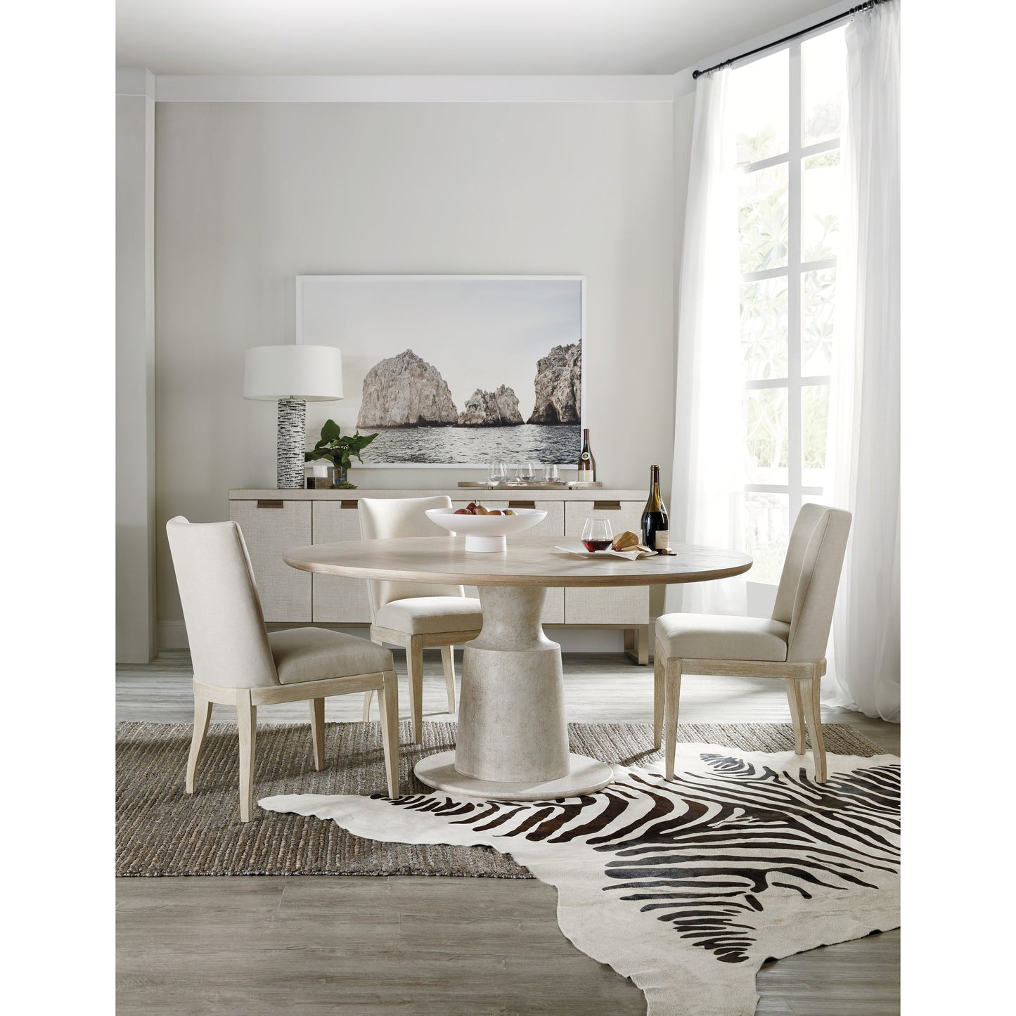 003 SI-1748547 | Lifestyle | Cascade Pedestal Dining Table by Hooker Furniture in terrain. Made from oak veneers, resin in a cottage & farmhouse style.