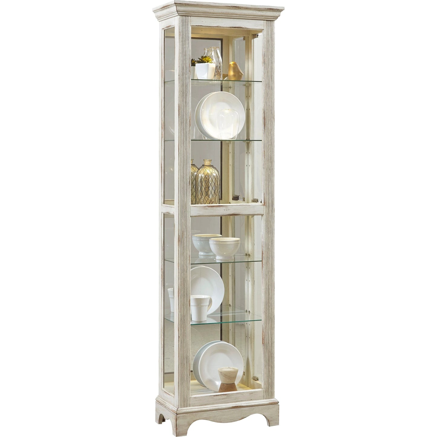 001 SI-2155643 | Primary Silo | Single Side Entry Curio by Pulaski Furniture in distressed, white paint. Made from select hardwoods, oak veneers in a modern style.