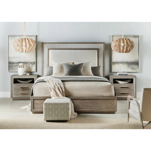 Serenity Rookery Upholstered Panel Bed by Hooker Furniture in beige and malibu, arctic. Made from oak veneers with fabric in a modern style.
