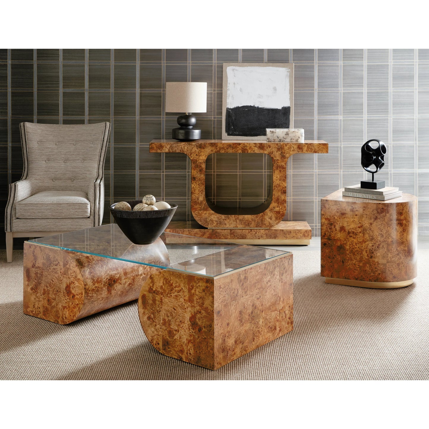 004 SI-2185709 | Lifestyle | Melange Burlesque Console Table by Hooker Furniture in medium wood and mappa burl veneers. Made from mappa burl veneer with silver leaf in a modern style.